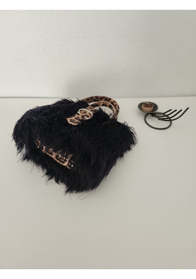 Fikriharika Design Gucci Model, Leopar Desenli, Siyah Tüylü, Kadın El Çantası Siyah