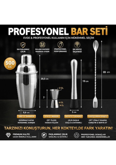 Perlotus Premium Kokteyl Seti 4 Parça Paslanmaz Çelik Bar Miksoloji Seti 500 Cc Shaker Jigger Mojito Tokmağı Burgulu Karıştırma Kaşığı
