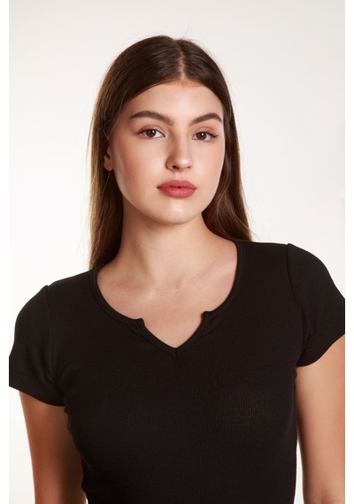 Mea Capio Kadın Basic Fitilli Likralı V Yaka Kollu Tshirt Atlet Bluz Siyah