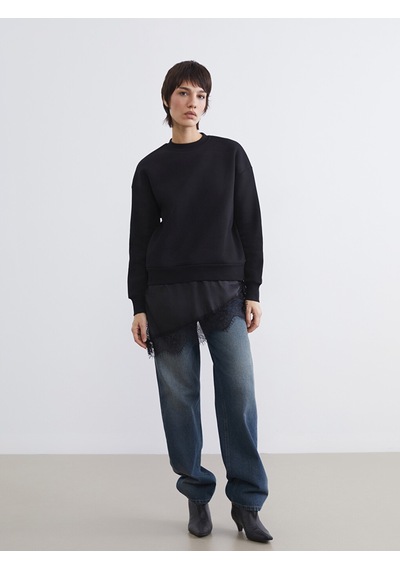 Lcw Vision Siyah Dantel Detaylı Oversize Kadın Kalın Sweatshirt
