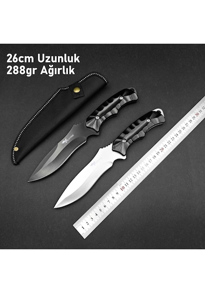 Valkyrie 26 Cm Büyük Boy Çelik Sabit Bıçak Outdoor Kamp Av Bıçağı + Kılıf Ergonomik Paslanmaz Çelik Siyah Siyah
