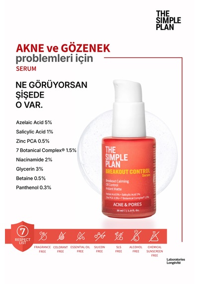 The Simple Plan Breakout Control Serum %5 Azelaik Asit + %1 Salisilik Asit, Yağ Kontrolü Ve Anında Matlık, 30 Ml