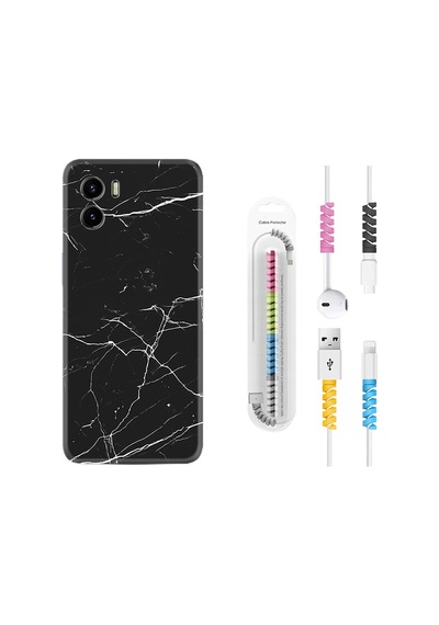 Vivo Y15S Kılıf Kablo Koruyuculu Siyah Mermer 1299