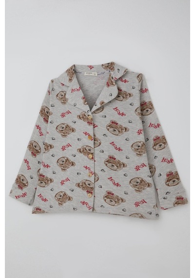 Breeze Kız Çocuk Pijama Takımı Sevimli Fiyonklu Ayıcık Desenli 7-11 Yaş, Açık Gri Melanj