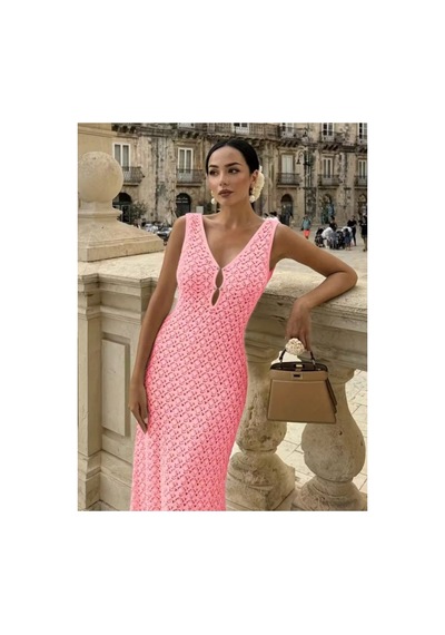 Butik İstanbul Kadın Askılı V Yakalı Uzun Triko Elbise Pembe