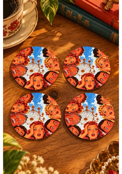 Vintage Surprise Temalı 4 Lü Bardak Altlığı Set 9 Cm, 3 Mm Ahşap Mdf, Dijital Baskı - 927007659 Diğer