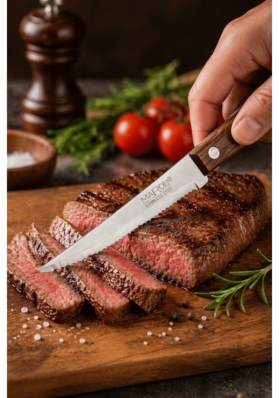 6 Lı Paslanmaz Çelik Steak Bıçağı Seti Tırtıklı Keskin Ağızlı, Ahşap Saplı Et Ve Mutfak Bıçağı