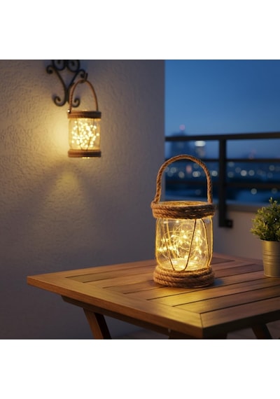 Dyrıs Rustik Halatlı Cam Fener, Pilli Led Işıklı Dekoratif Kavanoz Lamba, Bahçe Ve Balkon Aydın