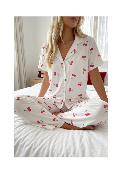 Fit Women Kiraz Desenli Düğmeli Kısa Kollu Pijama Takımı 4589 Beyaz