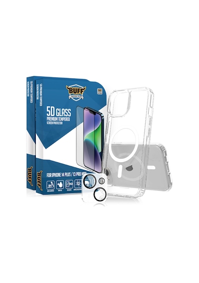 Buff Apple iPhone Uyumlu  14 Plus - 2x5d Ekran Koruyucu + Magsafe Kılıf + Lens Koruyucu Glass Şeffaf