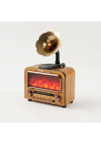 Nostaljik Şömine Işıklı Gramofon Bluetooth Hoparlör - Ahşap Retro Fm Radyo Usb/sd Kart Girişli 1800 Mah