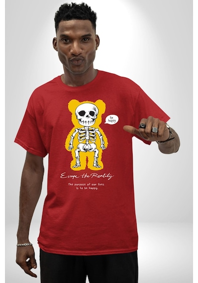 Mutlu Ol Pamuklu Bisiklet Yaka Unisex Oversize Boyfriend Dijital Baskılı Kırmızı T-shirt Kırmızı
