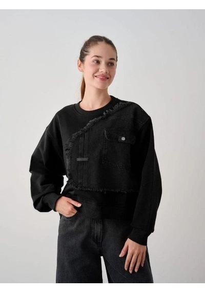 Kız Çocuk Mevsimlik Önü Denim Garni Cepli 3 İplik Sweatshirt-14773 Siyah