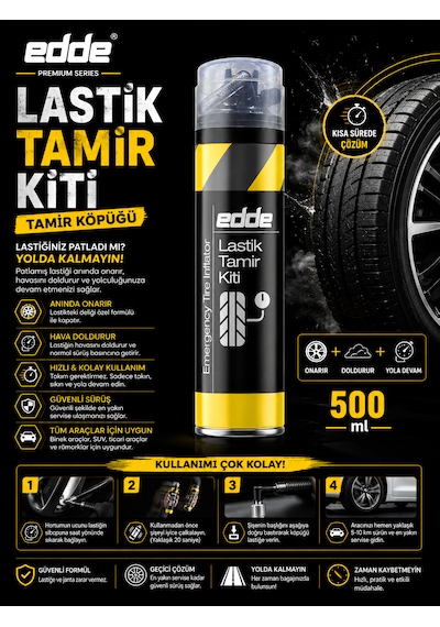 Edde Araba Araç Oto Lastik Tamir Kiti Lastik Tamir Spreyi 500 Ml Oto Bakım Ürünleri