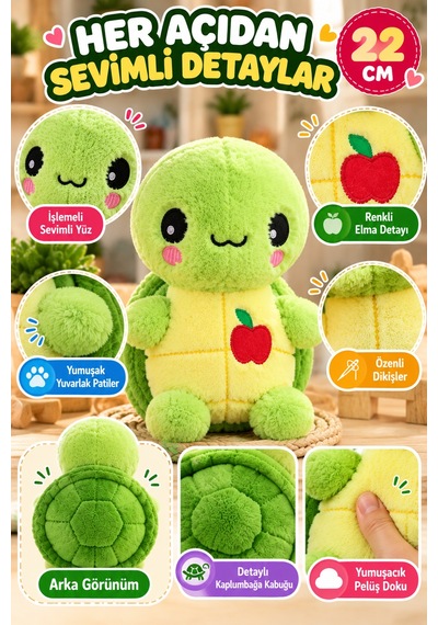 Yeşil Elmalı Kaplumbağa Pelüş Oyuncak 22 Cm Yumuşak Sevimli Çocuk Oyuncağı Sarılmalık Peluş Model Çok Renkli