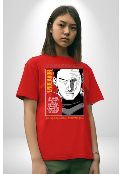 Enji Todoroki Manga Pamuklu Bisiklet Yaka Unisex Oversize Boyfriend Dijital Baskılı Kırmızı T-shirt Kırmızı
