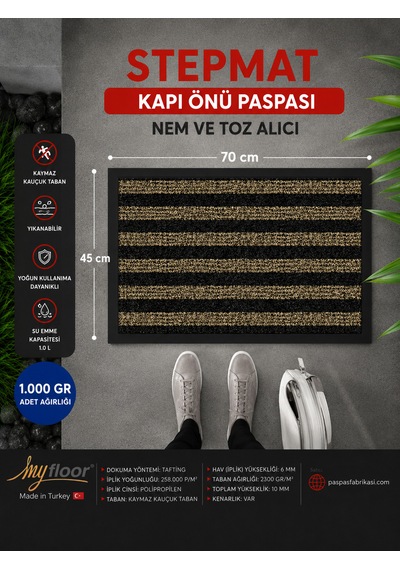 Nem Alıcı Toz Tutucu Çamur Sıyırıcı Pvc Taban Ve Pvc Bordürlü Sentetik Fırça Dokulu Siyah&bej Çizgili Halılı Kapı Önü Paspası Bej - Siyah