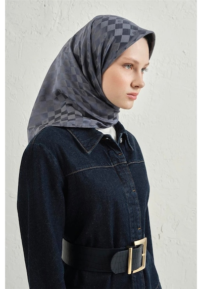 Armine Jakarlı İpek Pamuk Dama Eşarp - 4464 İndigo Mavi