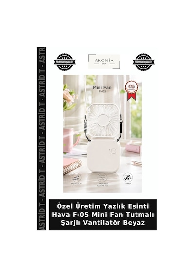 Özel Üretim Yazlık Esinti Hava F-05 Mini Fan Tutmalı Şarjlı Vantilatör Beyaz