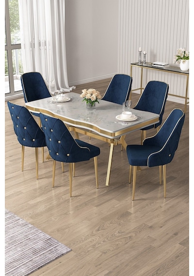 Canisa Vae Serisi 90x160 Lak Panel Beyaz Mermer Desen Gold Ayak Masa Takımı 6 Lacivert Sandalye Beyaz Mermer Desen Masa Sandalyeler Lacivert Canisa Vae Serisi 90x160 Lak Panel Beyaz Mermer Desen Gold Ayak Masa Takımı 6 Lacivert Sandalye Beyaz Mermer Desen Masa Sandalyeler Lacivert