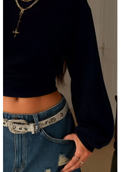 Kadın Bisiklet Yaka Belden Oturtmalı Tasarım Sweatshirt Siyah