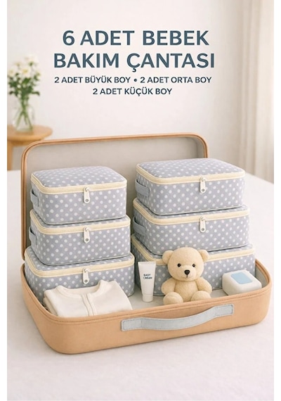 Serstil 6 Parça Doğum - Hastane Çıkış Çantası Bebek Bakım Hurç ve Çanta Seti - Gri Benekli Gri Puantiye