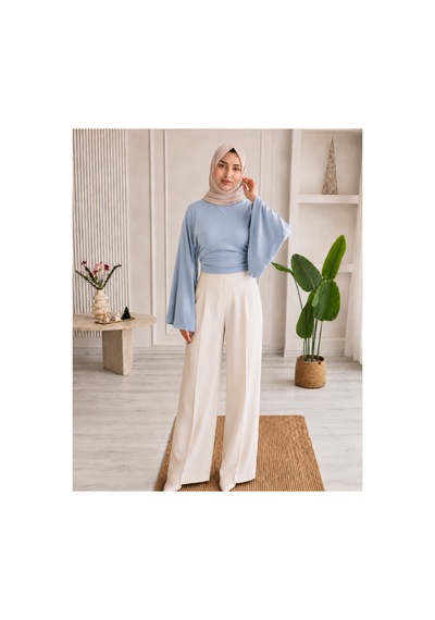 Unika Boutique Kadın Geniş Kol Belden Oturtmalı Bluz mavi