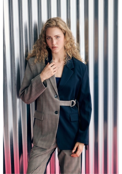Ekose Garnili Kuşak Detaylı Oversize Blazer Ceket Lacivert Lacivert