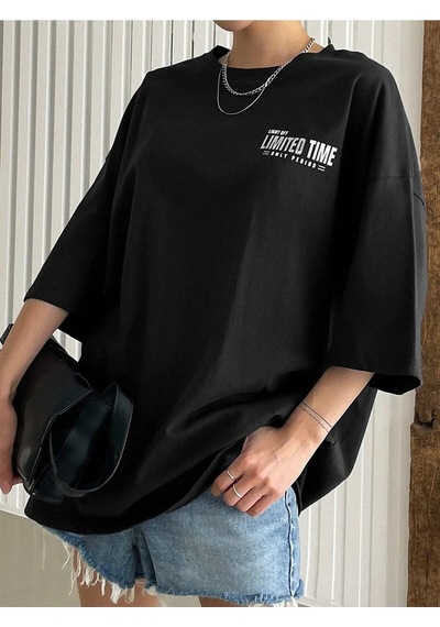 Flood Of Style Kadın Siyah Oversize Limited Time Baskılı Tshirt