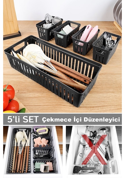 5 Parça Modüler Çekmece İçi Organizer Set - Banyo Mutfak Makyaj Aksesuar Ofis Düzenleyici Siyah
