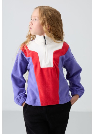 Tommy Life Eflatun Kalın Yumuşak Dokulu Oversize Nakışlı Polar Kız Çocuk Sweatshirt - 75153 Eflatun