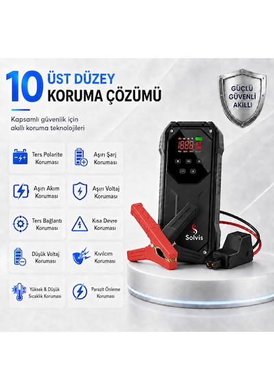 Solvis 5'i 1 Arada 12v Akıllı Akü Takviye Cihazı, Lastik Şişirme Pompası, Powerbank Ve Led Aydınlatma Çanta Hediyeli