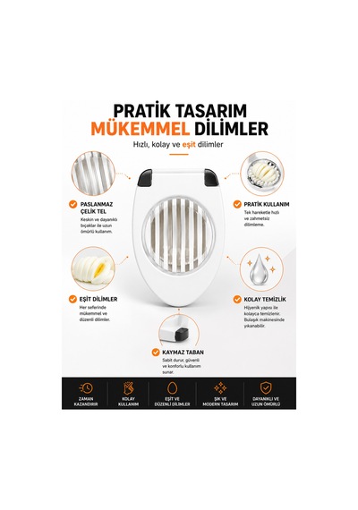 Paslanmaz Çelik Telli Yumurta Dilimleyici Pratik Haşlanmış Yumurta Kesici Eşit Dilimleme Mutfak Aparatı Beyaz