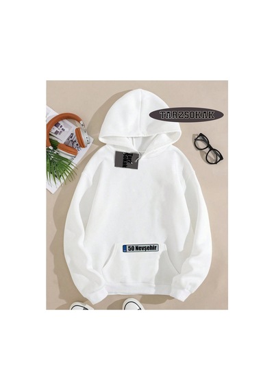 Tarzsokak Kapşonlu Sweatshirt Beyaz 50 Nevşehir Özel Tasarım Plaka Detaylı