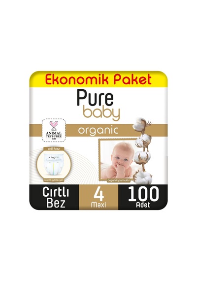 Pure Baby Organik Pamuklu Cırtlı Bez Ekonomik Paket 4 Numara Maxi 100 Adet