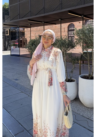 Riella Butik Çiçek Desenli Tesettür Elbise Beyaz