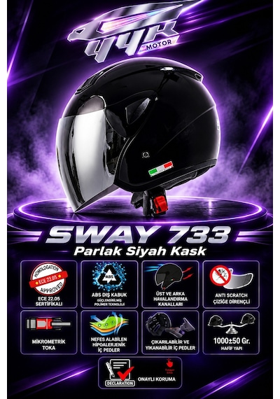 Sw 700 / 733 Yarım Açık Kask Parlak Siyah