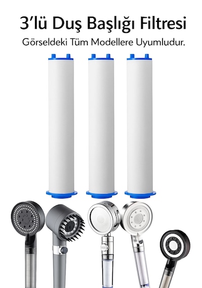 Filtreli Duş Başlığı Seti 3 Yedek Filtre + Harici Su Arıtma Aparatı 2 Aşamalı Filtrasyon Siyah