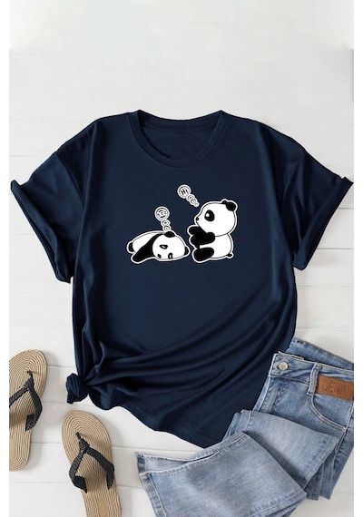 Unisex Uykucu Panda Baskılı Tasarım Tshirt Lacivert