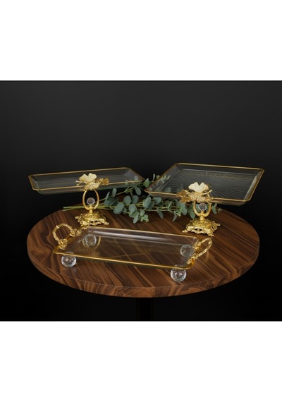 Çnr Home Collection 3 Parça Gold Yaldızlı Kristal Ayaklı Sunumluk Gold