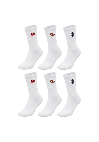 COJans Unisex Çorap Beyaz Hayvan Nakışlı 6'lı Set Yengeç Yılan Kedi Desenli Uzun Soket Günlük Spor Çorabı Çok Renkli