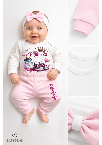 Babyden's Little Princess 3 Lü Kız Bebek Takımı Uzun Kollu Pamuklu Body,pembe Pantolon Ve Fiyonk Bandana Seti Pembe