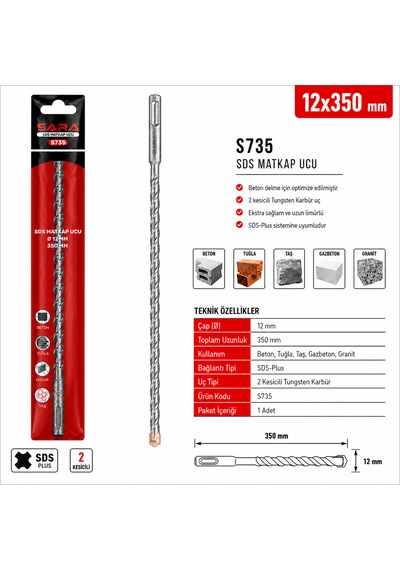 Sara S735 Sds Plus Matkap Ucu 12 X 350 Mm, 2 Kesicili Tungsten Karbür Uçlu