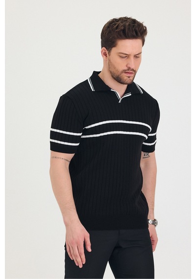 Cool Tarz Erkek Yaka Kol Göğüs Beyaz Çizgi Detaylı Siyah Triko T-shirt Siyah Siyah