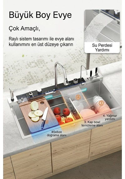 Lüx Dijital Akıllı Eviye Seti Premium Krom Akıllı Mutfak Evyesi- 100x46 Cm Çok Fonksiyonlu- Silver