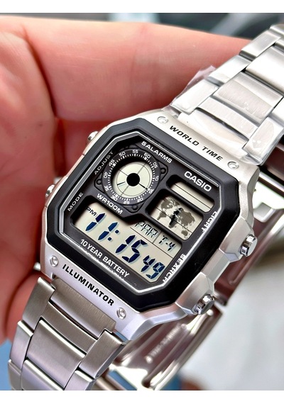 Casio Gümüş Renk Kare Model Dünya Saatli Dijital   Erkek Kol Saati + Bileklik Hediyeli Nda90