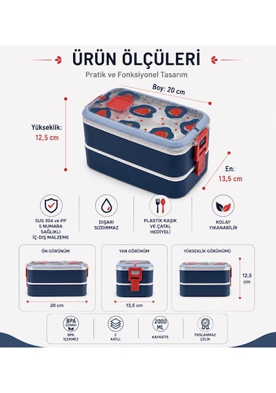 Vagonlife Vgn-6748 Mavi 700 Ml 2 Katlı Paslanmaz Çelik Lunch Box Beslenme Kabı Çok Renkli