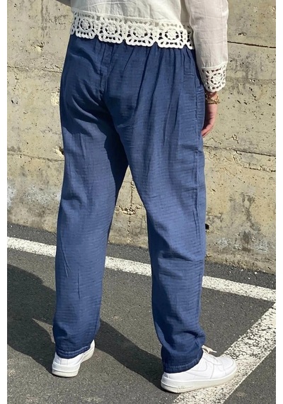 Mia Butik Büyük Beden İndigo Beli Lastikli Keten Pantolon Indigo