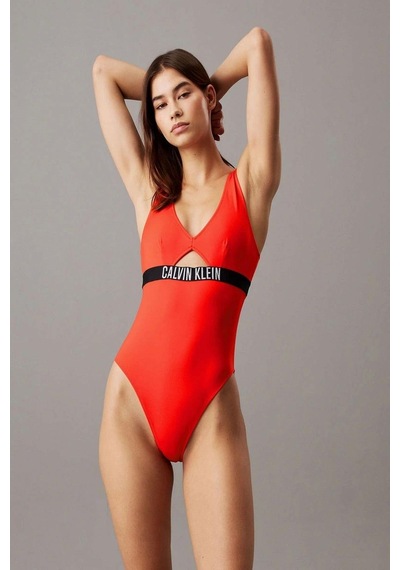Calvin Klein Kadın Göğüste Kesik Detaylı Kırmızı Mayo-4976 Çok Renkli