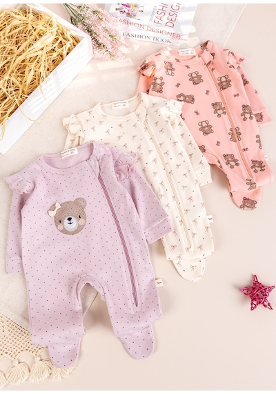 Babymod Üçlü 100% Pamuk Kız Bebek Tulum Gülkurusu